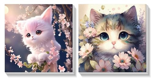 SENQAO 2 Stück Malen Nach Zahlen Erwachsene Kinder mit Rahmen, Katze Malen Nach Zahlen ab 5 6 7 9 Jahre Mädchen, Diy Set Erwachsene Acrylfarben Ölgemälde Leinwand für Home Décor, 20x20cm