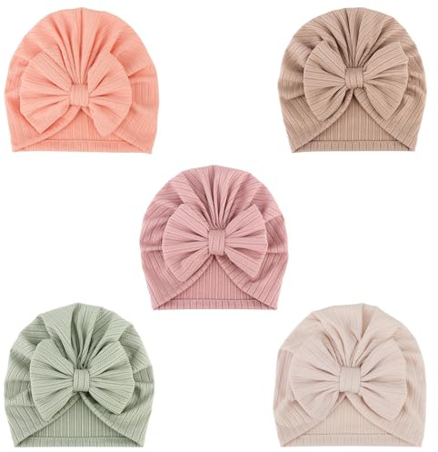 DRESHOW 5 Paket Turban Baby Mössa Med Knut - Mjuk Söt För Spädbarn och Småbarn Flicka