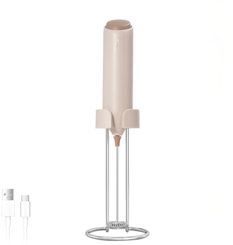 ELMWAY Rechargeable Milk Frother – Handheld Electric Whisk for Coffee, Latte & Matcha, Ergonomic Grip with Charging Stand or Wall Mount Holder – Beige
