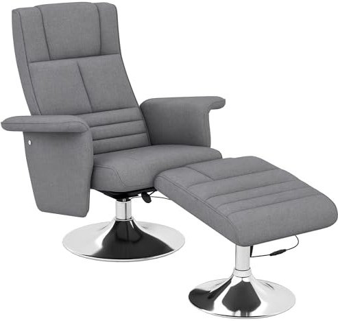 HOMCOM Relaxsessel mit Hocker, 360°drehbarer Fernsehsessel mit Vibrations-Massage, Liegefunktion, Massagesessel mit Seitentasche, Ruhesessel, Leinenstoff für Wohnzimmer Dunkelgrau