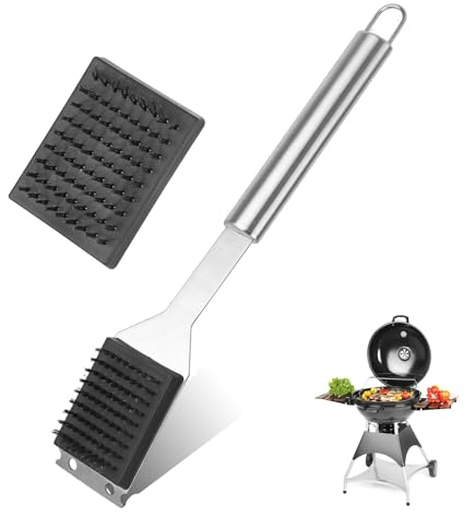 smtfcty Spazzola per barbecue e raschietto, 3 in 1 per barbecue da esterno con setole extra lunghe in acciaio inox e spatola in acciaio inox per barbecue a gas, barbecue a carbonella, griglia a sfera,
