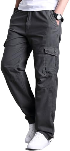 OlmecsHKEU Hommes Pantalons Coton Taille Elastique Cargo Droite avec Poches Printemps/Automne Gris L