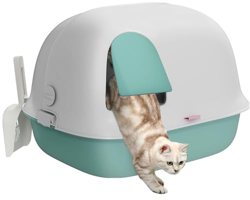 PawHut Katzentoilette mit Deckel, Katzenklo mit Sieb, Tür, Schaufel, geschlossen Katze Toilettenhaus für kleine Katze unter 3,5 kg, Indoor, Kunststoff, Grün