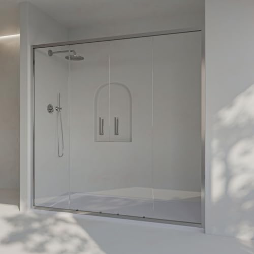 SoulHome Mampara ducha frontal 159 a 163cm x Alto 195cm, Plata brillo | 2 Corredera + 2 Fijo, Con Perfil Inferior, Vidrio transparente de seguridad 6mm, tratamiento antical, Medida 160cm