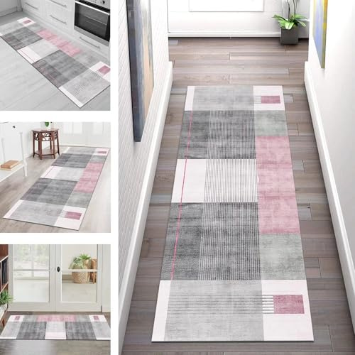SGLGSTORE Teppich Läufer Lang Flur Küche Teppichläufer rutschfest Waschbar Küchenläufer Teppichmatten Grau Rosa Schmutzfangmatte 60X180CM Meterware Flurteppich Wohnzimmer Schlafzimmer Küchenteppich
