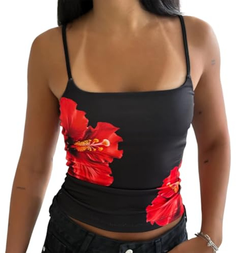 Nicoxijia Y2k Floral Tank Top for Women Sexy Backless Going Out Crop Tops Sleeveless Spaghetti Strap Summer Slim Fit Camisole (Black, S)