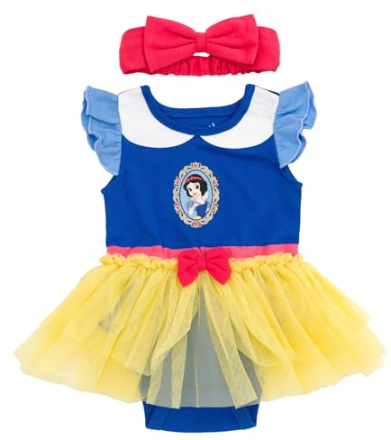 Disney Princess Baby Girl Cosplay Bodysuit with Skirt Overlay & Headband Outfit Set Newborn to Infant Sizes (0-24 Months), Blue/Red/Yellow, Snow White, 18 Months