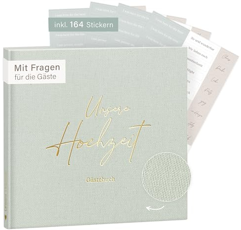 mintkind® Gästebuch Hochzeit Salbei - Hochzeitsbuch mit Fragen, 84 Seiten zum Ausfüllen & Gestalten, inkl. 4 Stickerbögen - Hochzeitsgeschenk für Brautpaar, Hochzeit Deko, Goldene & Silberne Hochzeit