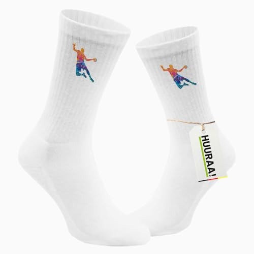 Huuraa Unisex Socken bunte Handball Silhouette Geschenk | Baumwolle Tennissocken Geschenkidee Weiße Sportsocken mit Motiv Unisex Baumwollsocken für Frauen und Männer