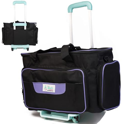 Athena's Elements Roll-Nähmaschinenkoffer mit 4 Rollen, Nähmaschinen-Tragetasche, Schwarz mit violettem Rand, abnehmbarer Rollwagen, mehrere Staufächer, Standardgröße (Jet Black)