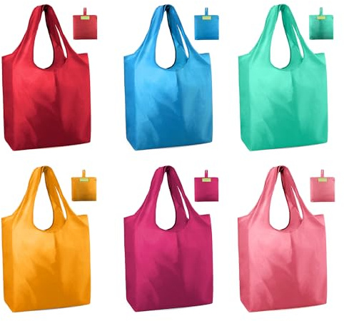 BeeGreen Colorful Reusable Grocery Bags 6 Pack, Heavy Duty Totes for Women, Foldable Grocery Bag Large Shopping Totes with Handles for Work, Travel, Gift, Store, Polyester Washable Reusable Tote Bag