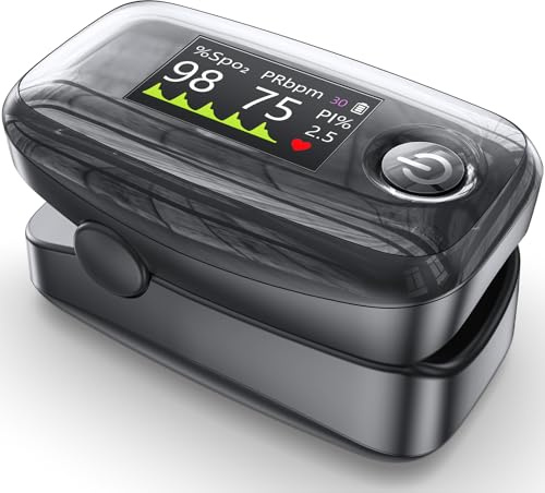 Alecaremed YM504 Pulse Oximeter, 4 Color TFT-OLED 20 × Memory Oxygen Monitor Fingertip, Blood Oxygen Saturation Monitor with Alarm, Batteries and Lanyard (Black)