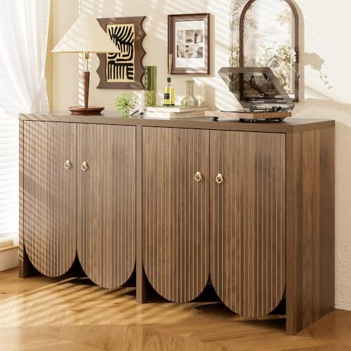 Wyibwy Elegante aparador en efecto nogal, 147 x 40 x 80 cm, con 4 puertas, estantes ajustables y asas de aluminio, mueble de almacenamiento versátil para salón, comedor y pasillo