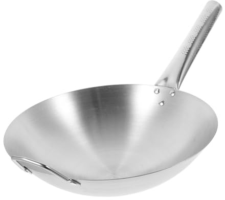 IWOWHERO Wok de Acero Inoxidable Plata Apto Cocinas Revestimiento Antiadherente y Mango Resistente Adecuado para Uso Doméstico y Profesional