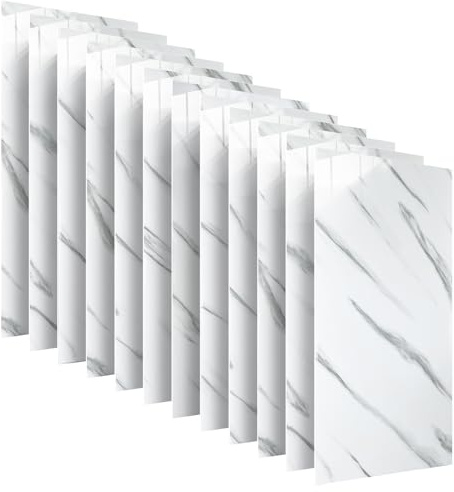 Wandpaneele selbstklebend 60x30 cm 12 Stück | Fliesenaufkleber aus Hochglanz-PVC mit einfacher Nassmontage | Klebefliesen für Wandverkleidung in Innenräumen | Wandaufkleber | Marmor Weiß-Grau