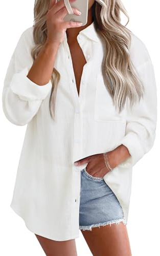 Astylish Women Loose Fit Flowy Basic Business Casual Tops Spring Summer Cotton Linen Button Down Shirts Collared Roll Up Long Sleeve V Neck Breathable Beach Fashion Soft Dressy Blouses White Large