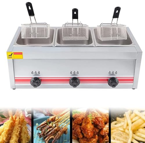Friggitrice Professionale a Gas GPL, friggitrice in Acciaio Inox con cestelli e coperchi, per cucine Commerciali, ristoranti e Case, Triplo Cilindro