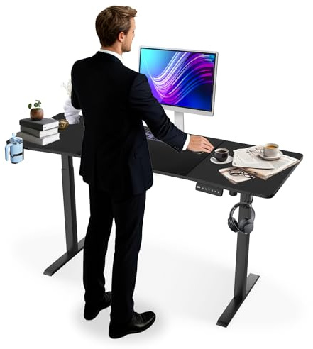 FIVMEN Höhenverstellbarer Schreibtisch 140x60 cm Elektrisch Computertisch Bürotisch mit Typ-C Ladeanschluss, Kopfhörerhake und Getränkehalter Elektrischer Steh-Sitz Tisch mit Memory-Funktion, Schwarz