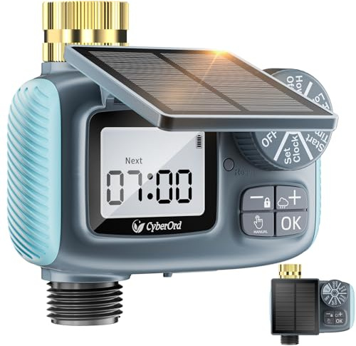 CyberOrd Programador Riego Solar, 3/4” Entrada de Latón Ecológico Temporizador Automático para Jardín Temporizador de Riego con Retraso por Lluvia/Riego Manual Control de Riego para Césped y Macetas