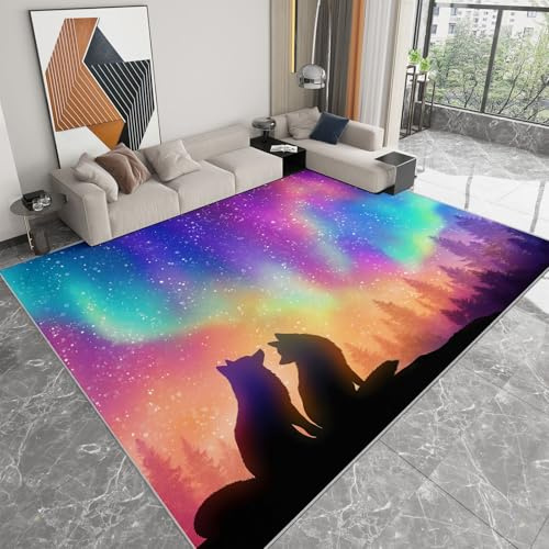 Moderner Wohnzimmer Teppich 120 x 170 cm, Fantasy Kunst Kurzflor Teppich Schlafzimmer Waschbare Kinderteppich - Tier Fuchs Aurora Sternenhimmel rutschfest Teppiche Kinderzimmer Teppichläufer