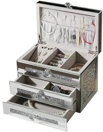 diceevil Mirrored Jewellery Box, 3-Layer 2-Drawer Glass Organiser, Silver