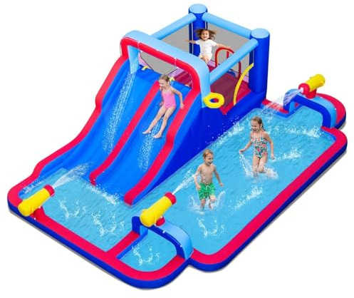Maxmass 5 in 1 Inflatable Water Park, Children Bouncy Castle with Dual Slides, Climbing Wall, Splash Pool, Basketball Rim, Water Cannons, Outdoor Bounce House Blow Up Castle