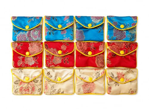 AKORD 12 Pack Silk Jewellery Pouches, Floral Brocade Coin Purse Gift Bags, Small Travel Organiser Envelopes with Press Stud Closure, Multicolour Set