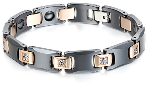 JewelryWe Schmuck Herren Damen Armband, Lieben Freundschaftsarmband, I Rechteckig Link Magnet Charm, Zirkonia Diamant Edelstahl Keramik, Rose Gold Schwarz