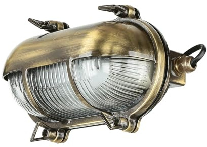Licht-Erlebnisse Außenwandlampe Messing Glas in Antik IP64 Balkon Terrasse Haus H:13 cm E27 Riffel Schiffsleuchte Maritime Wandleuchte Garten SKIATHOS