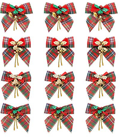 YBB 12 Pack Christmas Red Green Plaid Tree Bows, Linen Bowknot Wreath Bow with Jingle Bells for Christmas Garland Tree, Crafts, Wrapping, Wreath Xmas Hanging Ornaments Decor