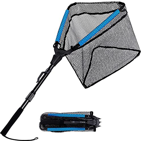 PLUSINNO Fishing Net Fish Floating Landing Net, Kayak Nets with Fixed Foldable Telescopic Pole Handle, Bass Trout Fishing Nets with Nylon Mesh for Pond Lake River,Fishing Gear Gifts for Men,Blue 0.9M