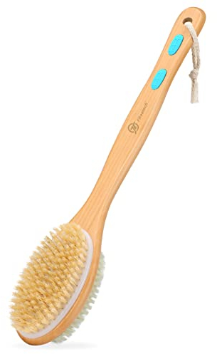 FREATECH Rückenbürste Duschbürste mit Langem Stiel, Doppelseitige Badebürste Rückenschrubber Körperbürste Peelingbürste mit Weichen und Harten Borsten für Pickel Akne Mitesser Cellulite Lymphdrainage