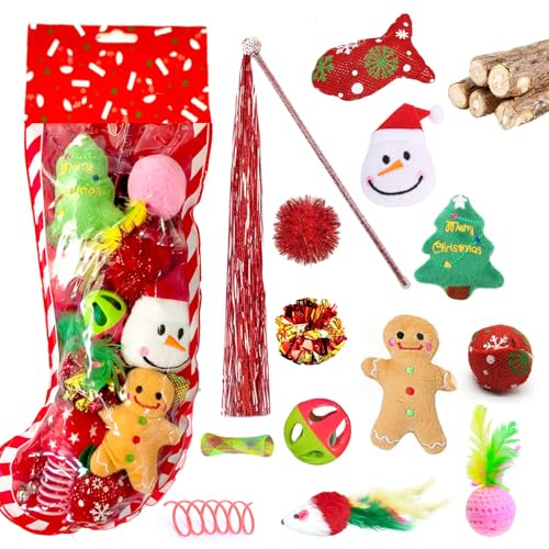 MQIAN 18PCS Christmas Cat Toys, Cat Christmas Stocking Gift Set, Cat Toys For Indoor Cats Interactive Cat Toy,Toys for Ca - Christmas Stocking Gift Best Gift for Cats