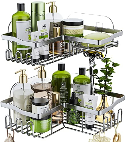HapiRm Corner Shower Caddy Silver - Shower Caddy Corner Shelves with 11 Hooks, Shower Organiser for Razor soap & shampoo, Bathroom & Kitchen Storage Bath Accessories Stainless Steel, 6 Sticker, 2 pcs