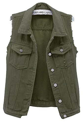 ebossy Women's Candy Color Slim Fit Sleeveless Distressed Denim Jean Vest Jacket (XX-Large, Z-Army Green)