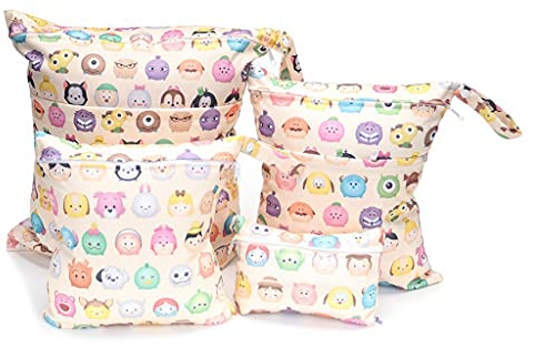 Egurs 4 Stück windeltasche wetbag wiederverwendbar Set 4 Verschiedene Größen Nasstasche Stoffwindeln Wasserdicht Waschbar Organizer Beutel Reisetaschen Karikatur