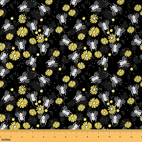 Bienenstoff Meterware gelber Blumen Polsterstoff Sonnenblume Gänseblümchen Dekostoff zum Quilten Nähen romantischer Garten Landhausstil Indoor Outdoor Stoff Bastel Patchwork Schwarz 460 x 150 (HxB)