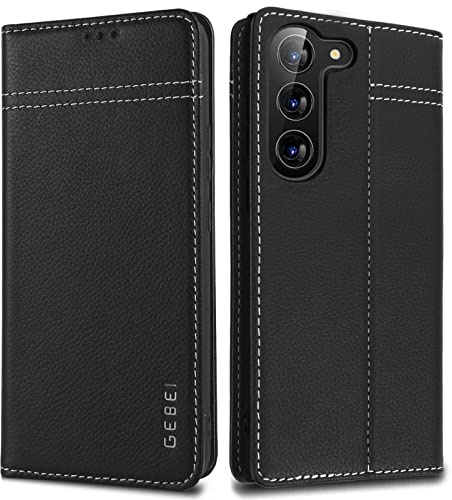 Gebei Hülle Echt Leder für Samsung Galaxy S23 5G - Premium Echte Lederhülle mit Standfunktion und Kartenfach Flip Case Ledertasche Handyhülle Schutzhülle Klapphülle - Schwarz