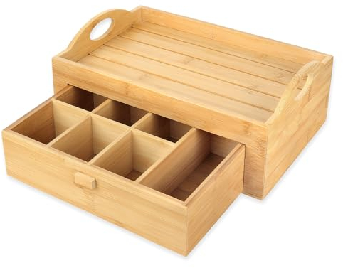 Schramm® Plateau de thé en Bambou Plateau de Service avec tiroir env. 30x20x11cm Plateau de thé Boîte à thé Plateau de lit