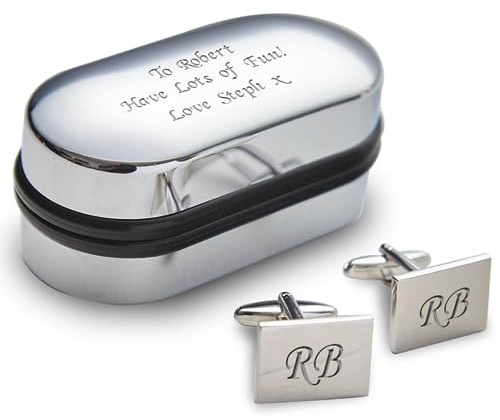 Personalised Cufflinks with Chrome Case - Engraved with Your Custom Text - Gifts for Men Wedding Him Husband Bridegroom