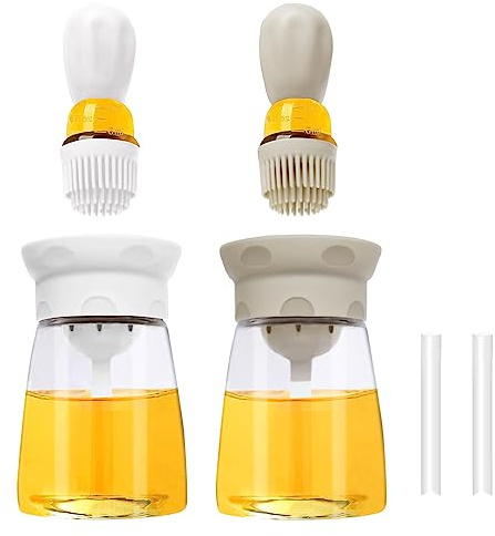 TINMIX 2er Pack Ölspender mit Backpinsel Olivenöl Flasche ölflasche mit silikon pinsel für Backen, Küche, Kochen, Soße, BBQ, Grill, Braten, Weiß und Grau