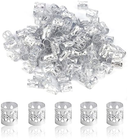 Ryaupy 50er Set Dreadlocks Zubehör - Verstellbare Metall Cuffs, Aluminium Perlen für Dreadlocks - Haarschmuck für Modenschauen und Partys in Silber