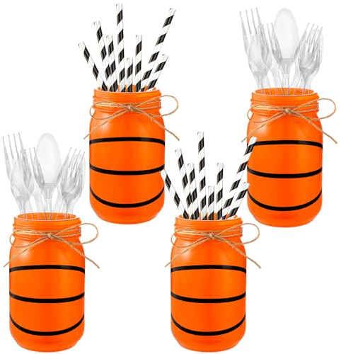 Blushtier 4 Pcs Basketball Theme Mason Jar Centerpieces for Tables 17 oz Mason Jars Basketball Birthday Decorations Painted Mason Jar Decor for Birthday Party Favors Baby Shower Gifts Supplies