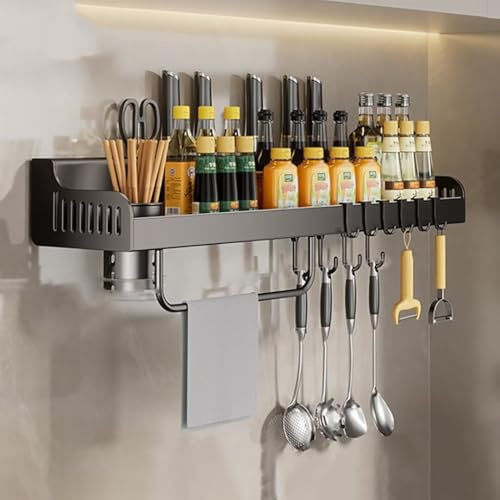 Hovoto Gewürzregal Wand, Gewürzregal Hängend ohne Bohren, Küchenregal Organizer für Gewürze, Küchenregal Wand mit Messerschlitz, 6 Haken, Becher, Messerhalter, grey, 40cm