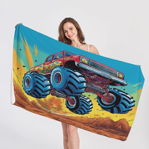 QEODAH Strandtuch Monster Truck - Badetuch Cartoon - Schnelltrocknend & Ultraleicht & Sandfreie Strandhandtuch, Weich Mikrofaser Handtuch, Badetücher 70x140, Pflegeleicht Handtücher