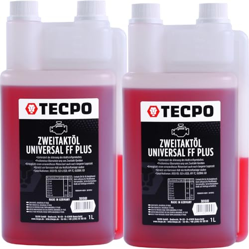 TECPO Zweitaktöl Universal 2-Takt FF Plus, teilsynthetisch, mit Fuel Fresh für Gemisch & Getrenntschmierung für Motorsäge, Rasenmäher, Mofa, JASO FD, ISO-L-EGD, API TC 1:50 mischbar