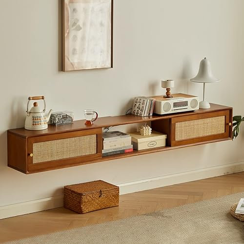 JIAOCKJIAO Meuble TV Suspendu, Banc TV Étroit, avec Portes Coulissantes, Console-multimédia en Bois avec Rangement, Table TV avec Étagères Ouvertes, for Salon(Brown,Rattan 47''/120cm)