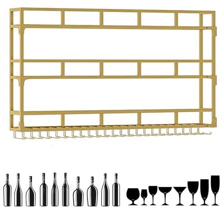 AKOGG Portabottiglie da Parete per Vino con Portabicchieri Sospeso - Porta Bottiglie di Vino - Scaffale in Ferro per Cucina, Sala da Pranzo E Bar(Gold,100X25X90cm)