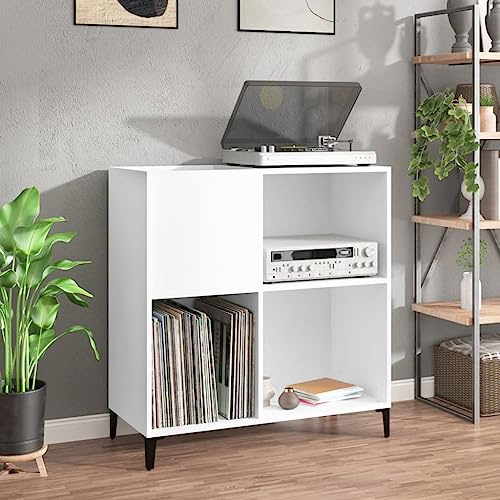 IKAYAA Mueble de Discos de Madera con Patas Metálicas 84,5x38x89 cm, Tocadiscos de Vinilo Stand, Estantería CD, Blanco