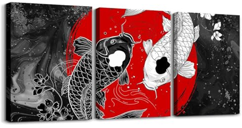 Loussiesd Lienzo decorativo para pared de sala de estar o dormitorio, 40 x 30 cm, 3 piezas de flores de cerezo, arte de pared para decoración del hogar, sol rojo, imagen japonesa, decoración de pared